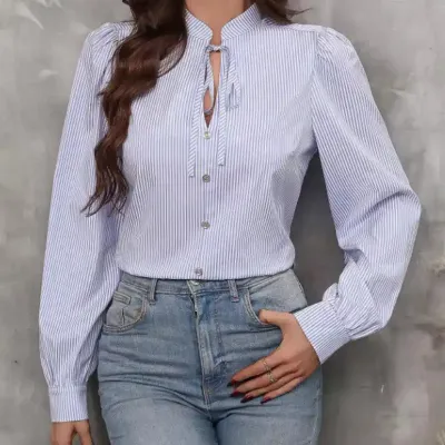 V-NECK STAND COLLAR BUTTON PULLOVER SHIRT